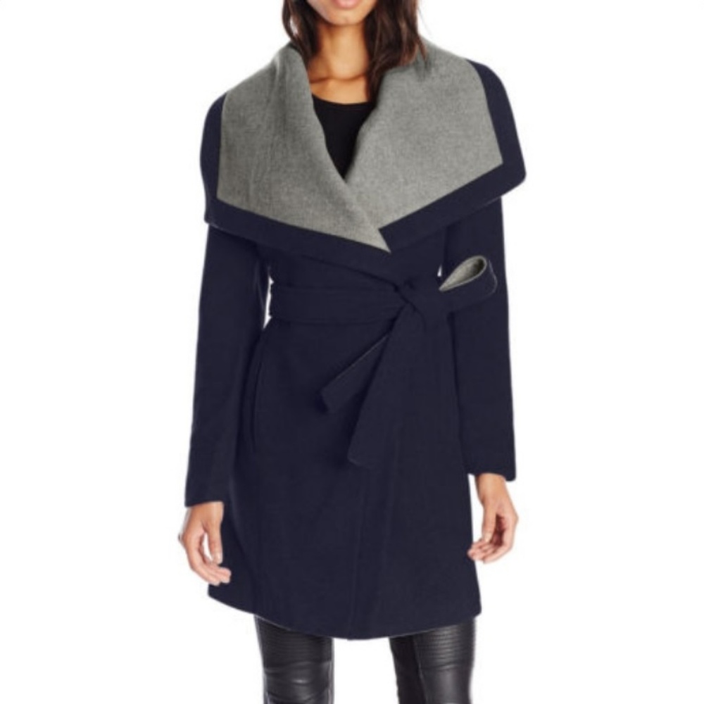 BCBG Shawl Collar Navy Heather Gray Wrap Coat M L